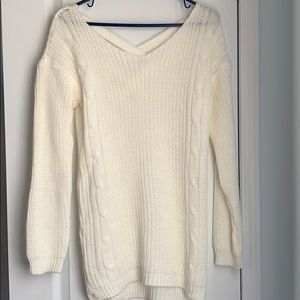 Long White Cable Knit Sweater with Criss Cross Back